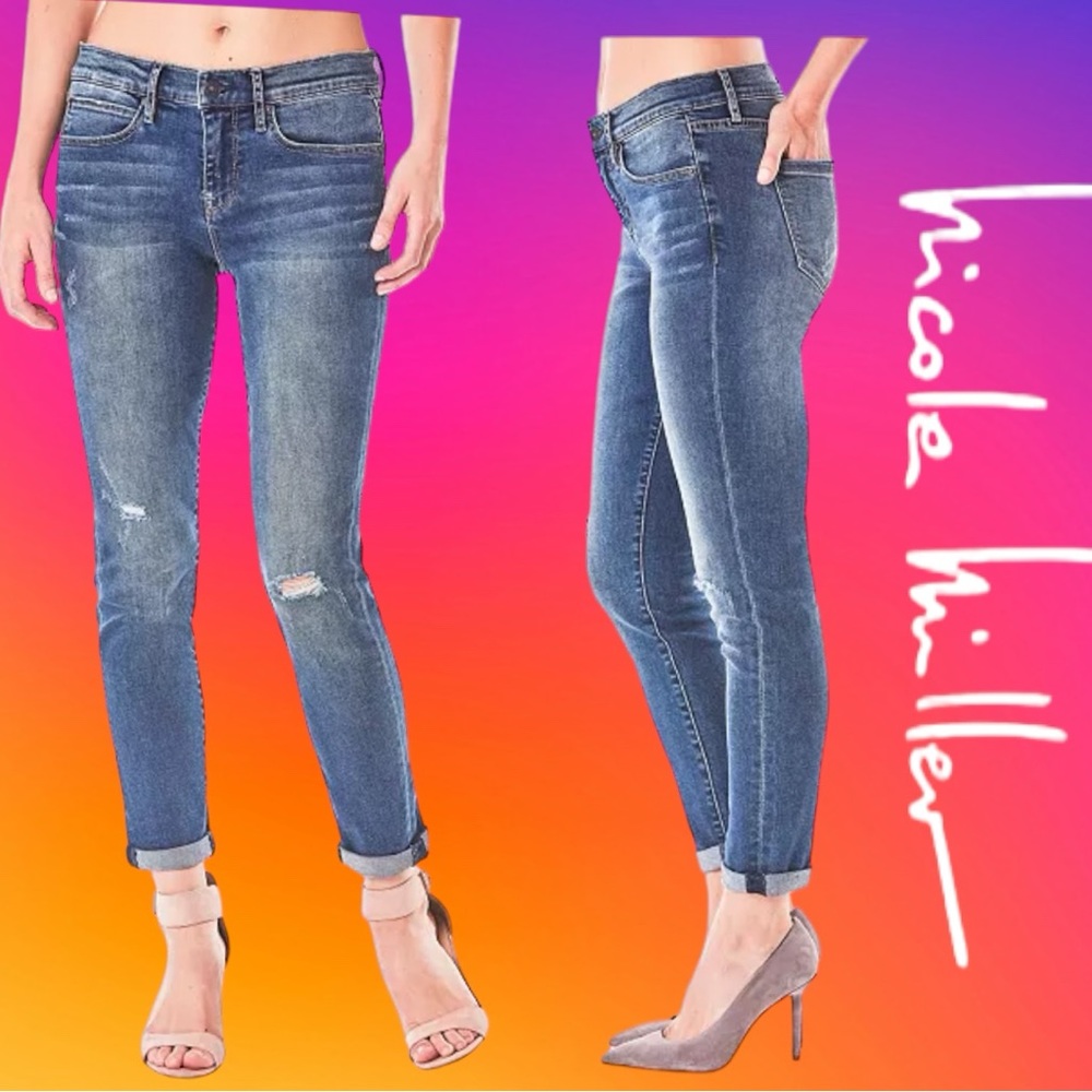 Nicole Miller Distressed Cropped Ankle Jeans in Medium Blue Denim